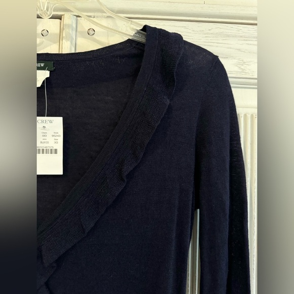 J CREW Womens Navy Linen V-Neck Sweater With Ruffles and Buttons - Picture 7 of 15